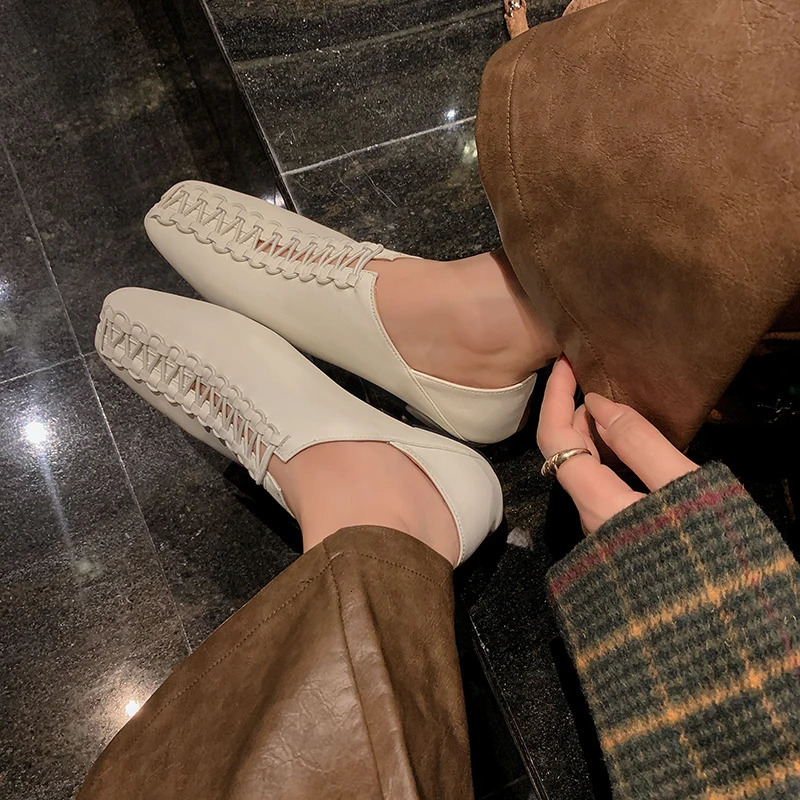 2024 Spring/Summer Womens Low Heel Square Toe Basic Casual Work Comfortable Flat Bottom Soft Genuine Leather Shoes Womens Comfortable Shoes 241213