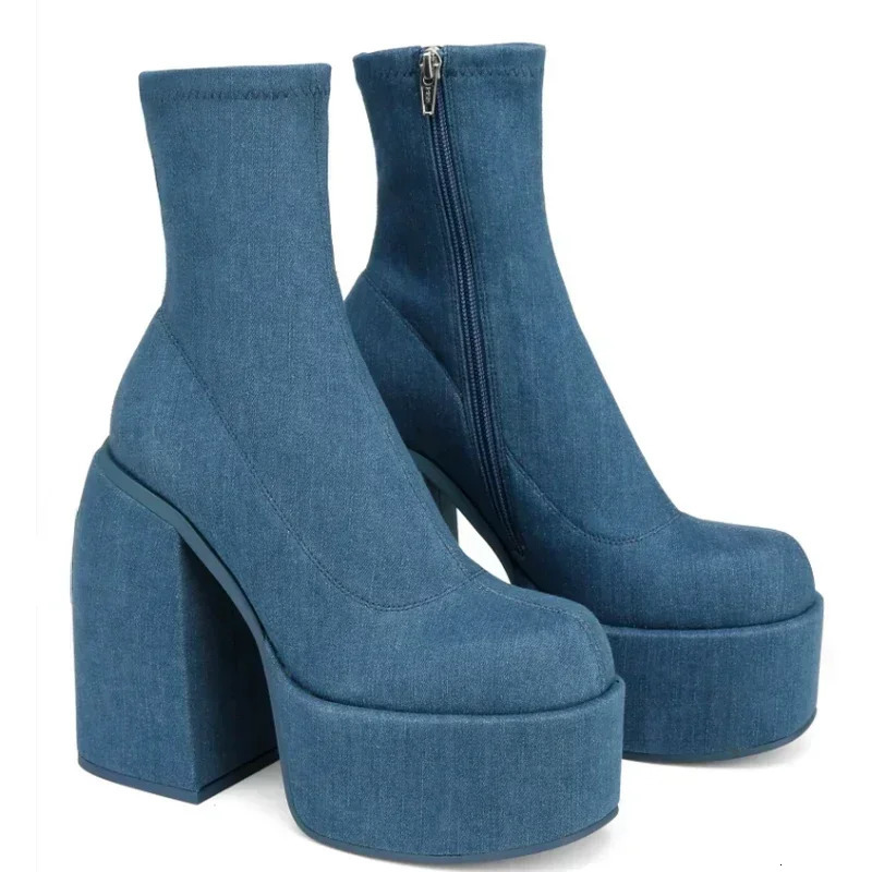 er Ankle Boots for Women Woman Heels Platform Short and Fat Blue Cowboy Boots Solid PU Womens Shoes Sexy 10cm High Heels 241213