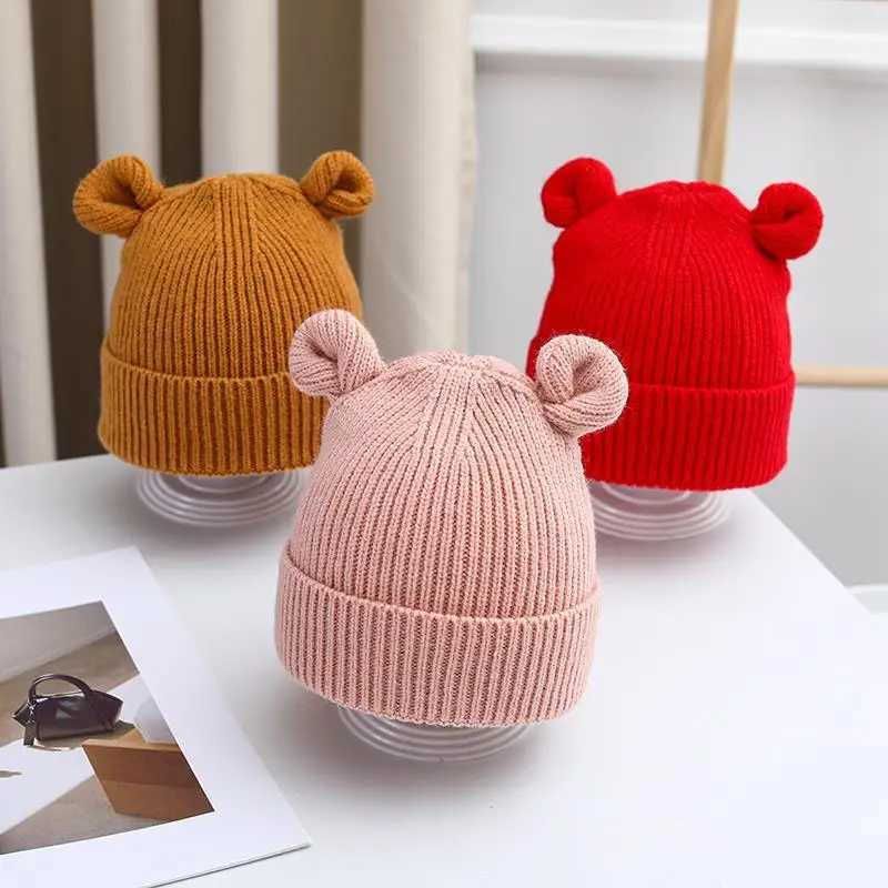 Ear Baby Hat Winter Solid Color Warm Knitted Hats for Kids Boy Girl Cute Bear Infant Toddler Beanies Cap Bonnet XJ241213