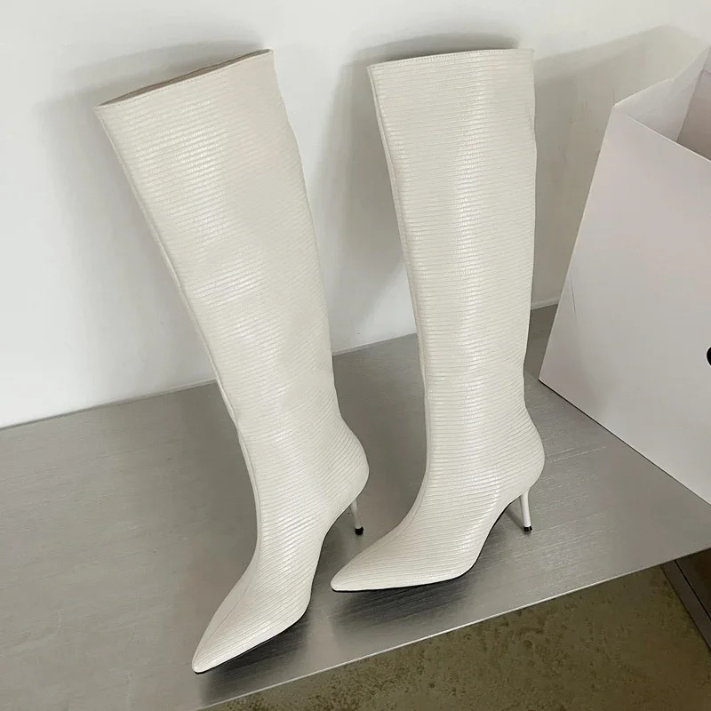 Equal Sexy Gingham Pointed Toe Women Knee-High Boots High Quality Party Dress Modern Long Booties Thin Low Heels Shoes 241213