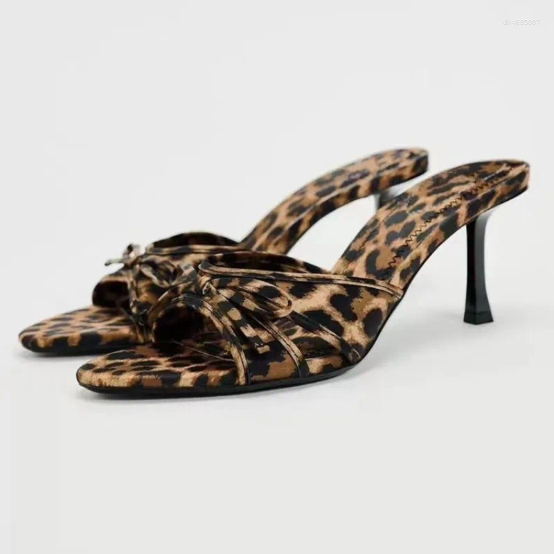 Dress Shoes 2024 Heels Women European And American High Quality Bow Knot Leopard Print Heel Slippers