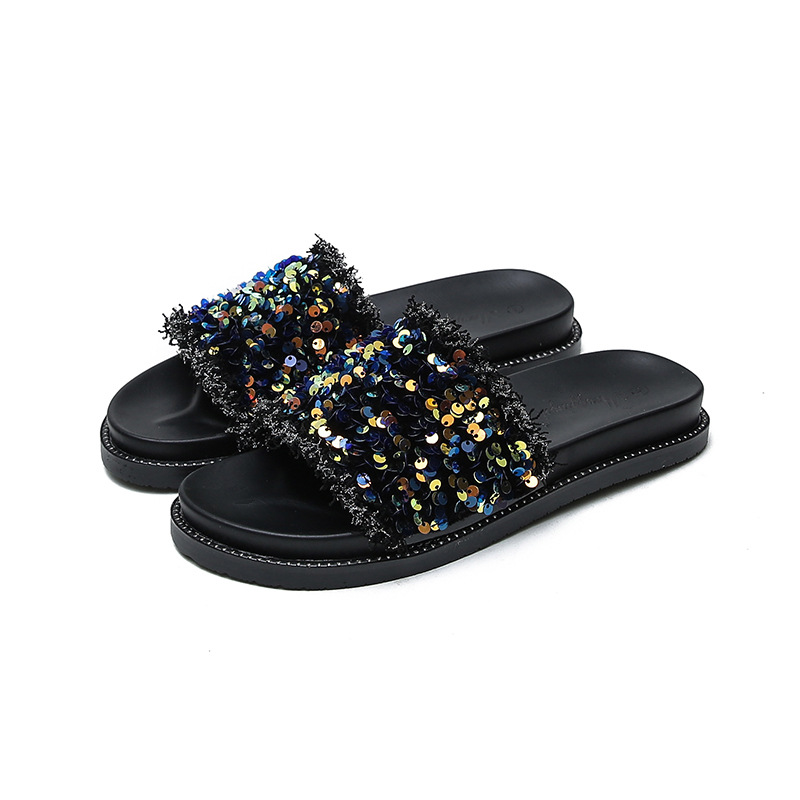 Net slippers summer fashion NEW sequins wear net red thick sole flip-ps non-slip sandals big size women's shoes 33-43