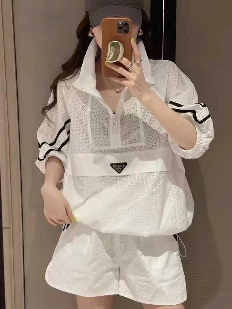Women's Two Piece Pants Fashion 2Pcs Oversize Women Sweat Suit Set Thin Long Slve 2023 New Sunscrn Coat Top and Shorts Two Piece Set White Outfit