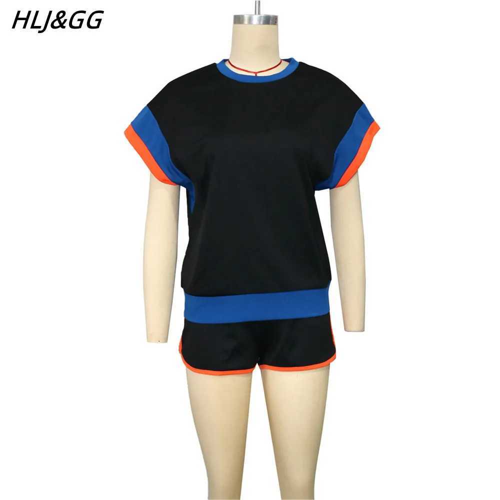 Women's Two Piece Pants HLJ GG Fashion Color Splicing Shorts Two Piece Sets Women O Neck Tshirts And Shorts Tracksuits Casual Female Sporty 2pcs 