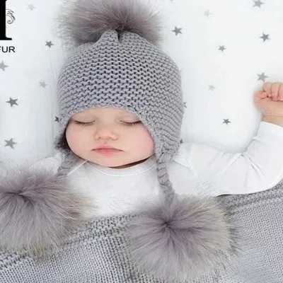 1-3 years Baby Winter Earmuffs Warm Children Winter Hat Knitted Pompom Plush Cotton Baby Warm Hat Cute Girls Boys Winter HatXJ241213