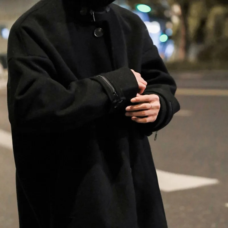 Mens standing collar wool trench coat mens side button casual loose Korean high-end winter thick elegant fashion coat 241211
