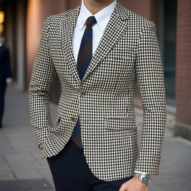 Plaid Blazer For Men 2024 One Piece Houndstooth Suit Jacket With 2 Side Slit Slim Fit Casual Male Coat Fashion Ready To Ship