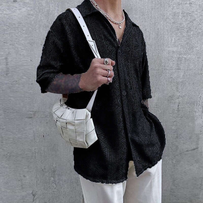 Foreign Trade European And American Summer Men's Clothing New Style Solid Color Sexy Mid Sleeve Mesh Perspective Lace Top Shirt Fashion Quality C