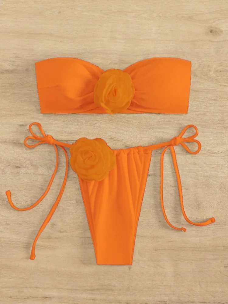 Sexy Floral Bandeau Bikini 2 Piece Set Women Lace Up Split Swimsuit High Waist ss Beach Bikini 2024 New Summer Bikinis SetXJ241212