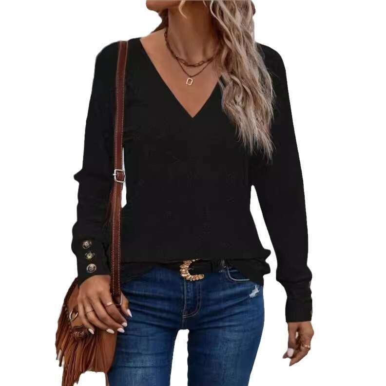 New European American Women's Big V-neck T-shirt for 2024 Spring Autumn, with eyelets, pleats, buttons, and long sleeves