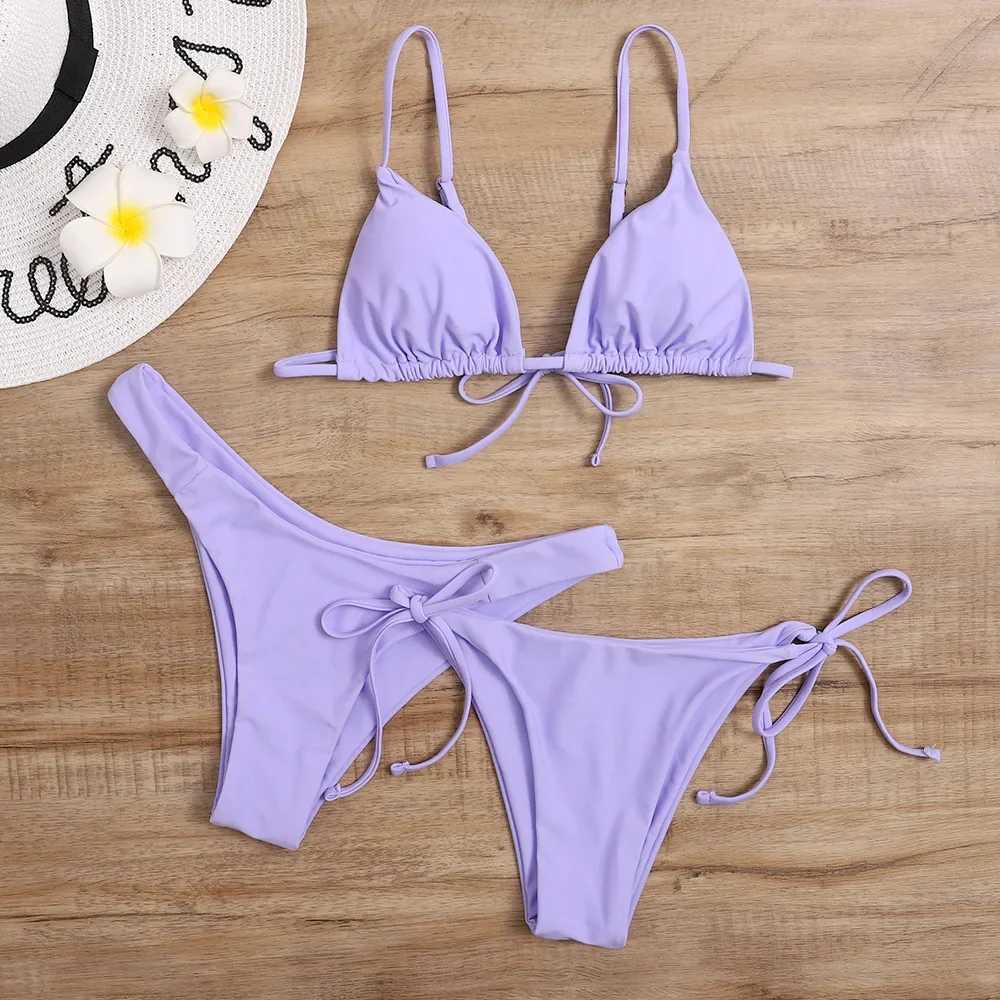 Sexy 3 Piece Bikini Set Women Solid Blue Purp Push Up Bandage Triang Swimsuit Brazilian Beach Bathing Suit Swumwear BiquiniXJ241212