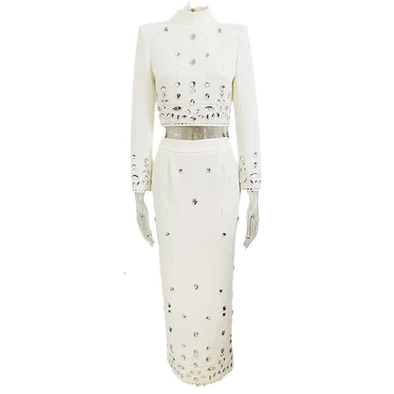 Ladies' Suit HIGH STREET Newest Designer Runway Suit Women's Stand Collar Zip Back Cropped Tops Long Skirt Set 2Pcs