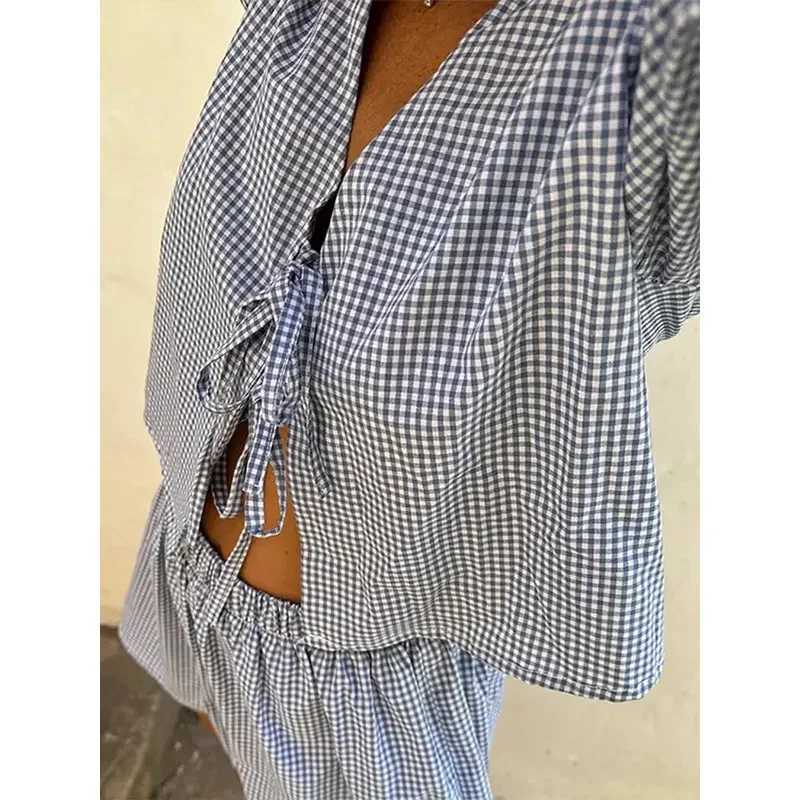 Women's Two Piece Pants Jinias summer trendy plaid lace up Shorts 2 piece set women 2024 fashion loose cropped tops short pants ladies short suit