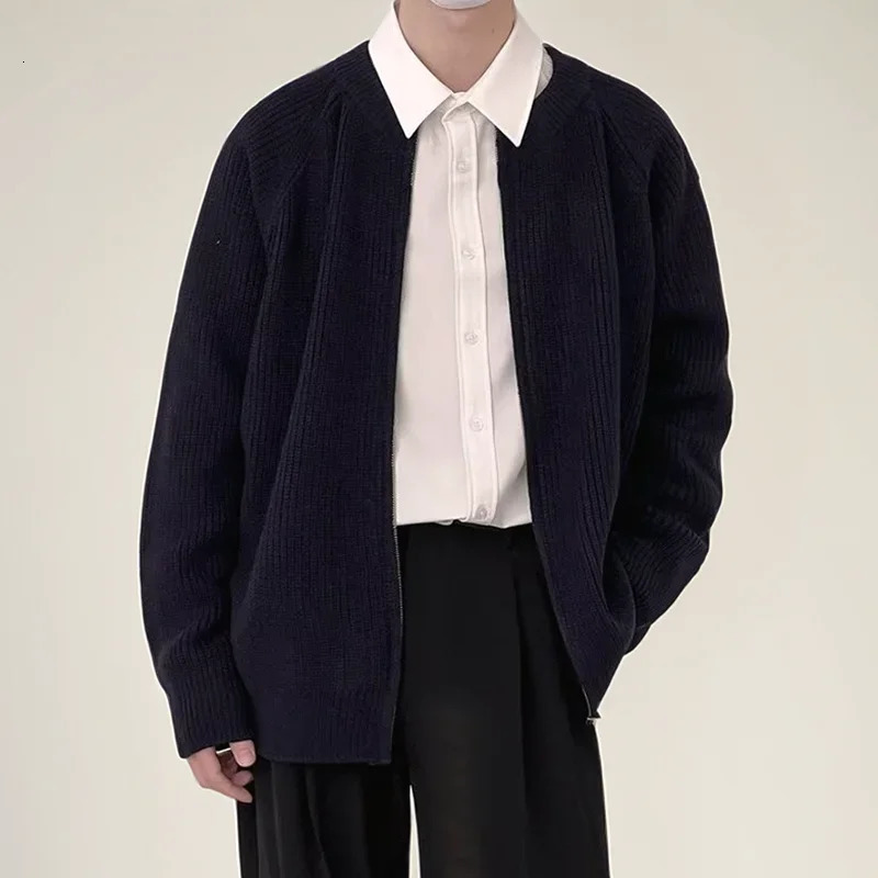 Y2K Knitted Sweater Men Spring Autumn Casual Ins Fashion Cardigan Zipper Sweaters Coats Solid Color Zip Up Jacket 241213