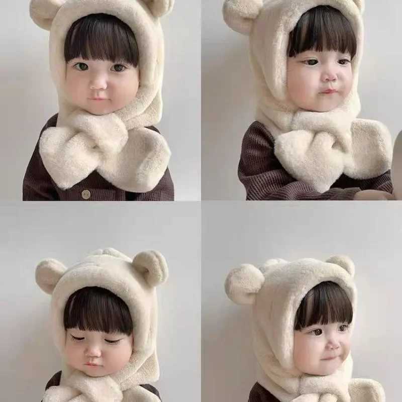 Winter Baby Hat Scarf One-Piece Faux Fur Kids Hats Bear Warm Neck Ear Cap for Boys Girls Windproof Beanies Infant StuffsXJ241213