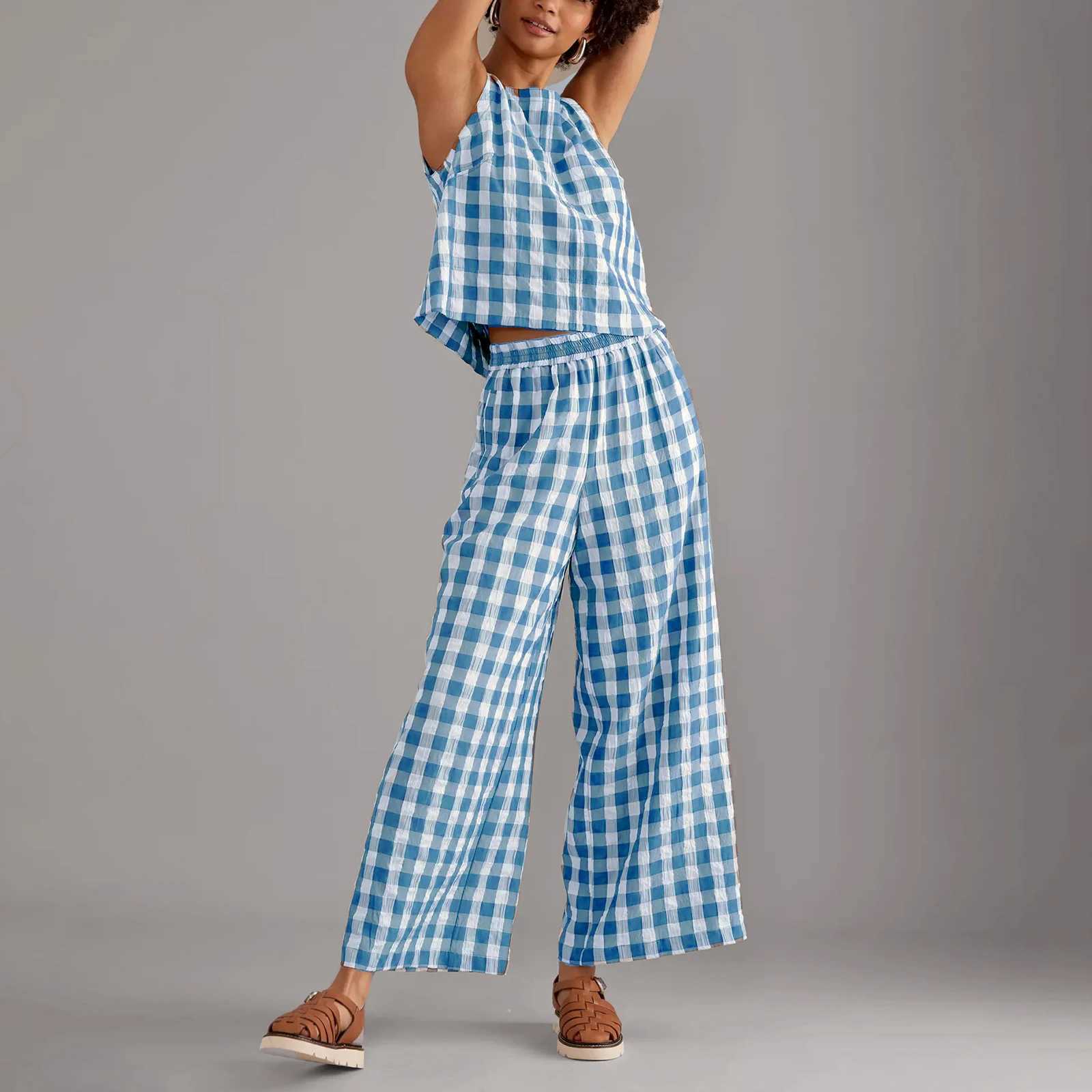 Women's Two Piece Pants Hirigin Gingham 2 Piece Lounge Pants Sets for Women Y2k Plaid Print Outfits Slveless Tank Top Baggy Wide Leg Pants Suits 