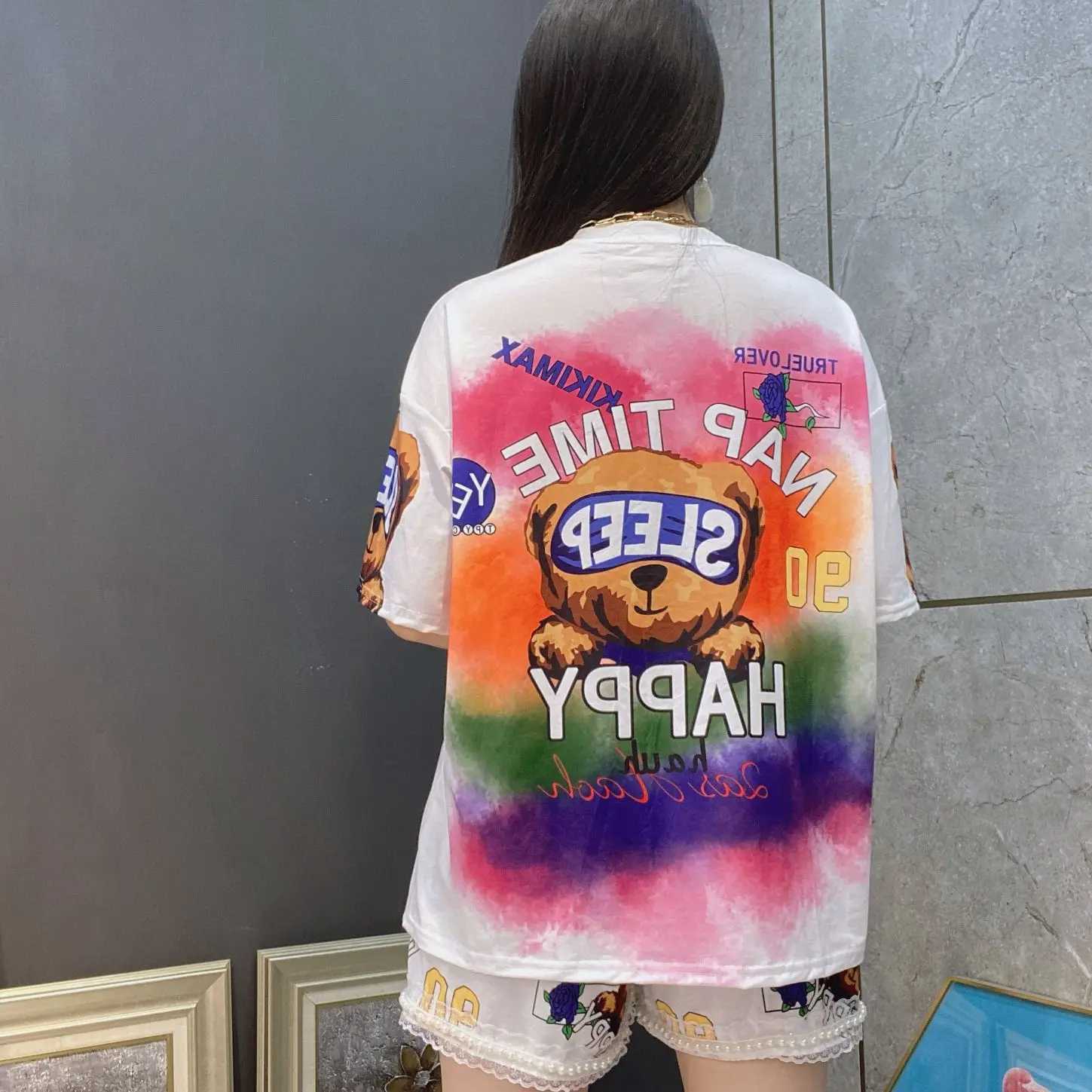 Women's Two Piece Pants 2024 Spring Two Piece Sets Womens Beading and Diamonds Tracksuit Cartoon Printed Casual Knitting Tops and Shorts Ladies S