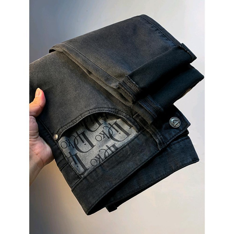 High End Jeans Men Trendy Printed Straight Leg Casual Elastic Slim Fit Cotton Fashion Washed Light Versatile Denim Pants