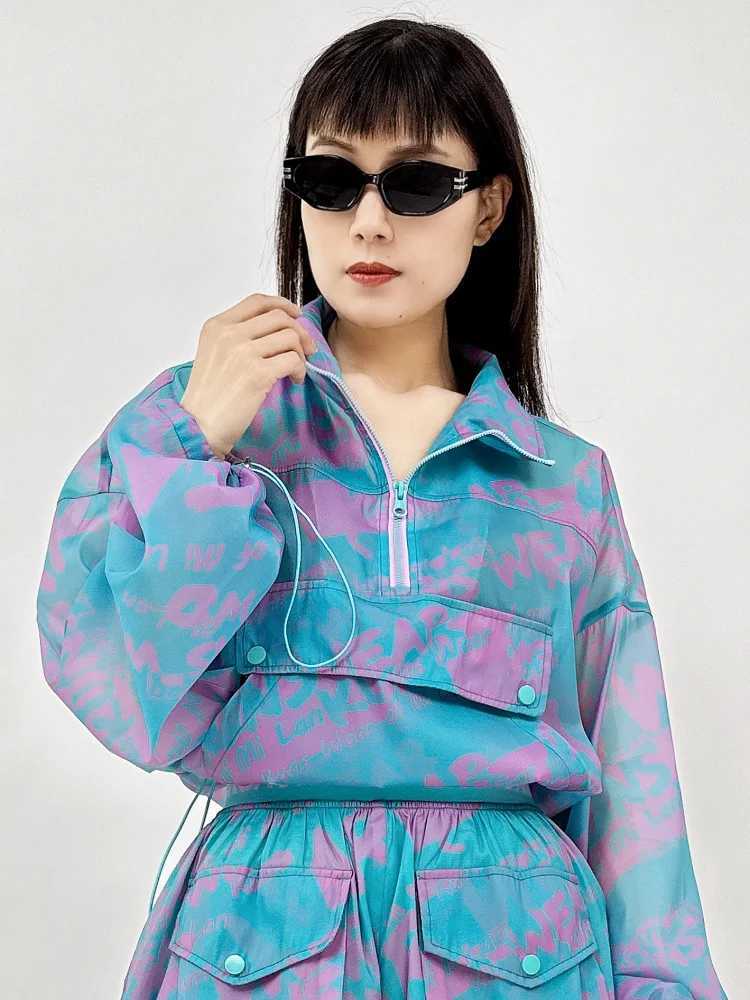 Women's Two Piece Pants Womens Printed Suit Korean Casual Thin Sunscrn Clothes Pocket Drawstring Long Slve Top Shorts 2-Piece Set Female Sportswe