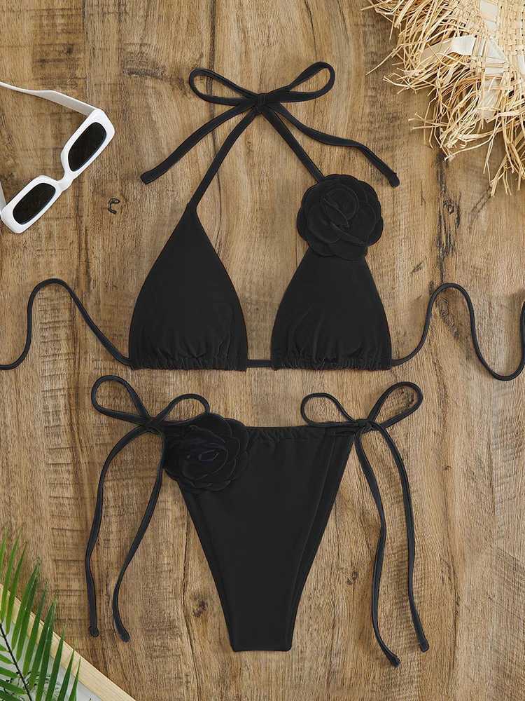 OIINAA Swimsuit Women Sexy 3D Rose Flower Bikini Set Solid Halter Swimwear Drawstring Lace Up Biquinis Two-pieces Bathing SuitXJ241212