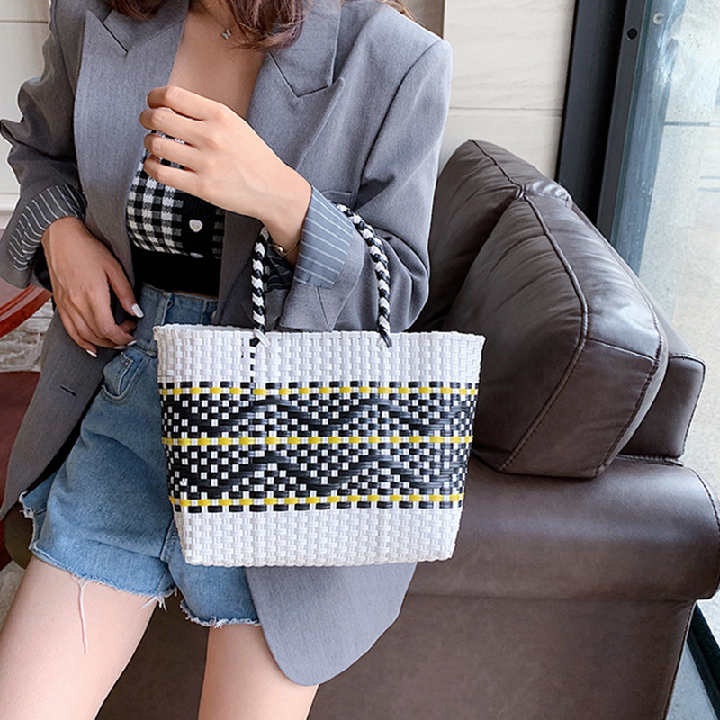 Plastic Woven Women's Handbag Handmade Bohemia Storage Basket Contrast Tote Designer Summer Beach Bag Female Shoulder Bags
