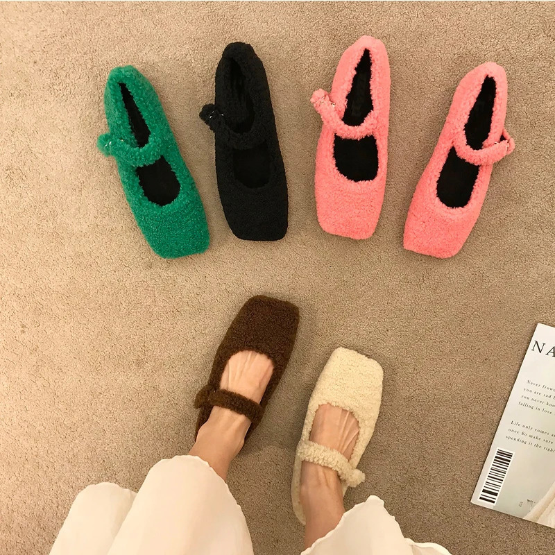 Fashion Square Toe Lambswool Ballet Apartment Womens Winter Warm Plush Coat Womens Teddy Fur Mary Jane Pink Shoes 241213