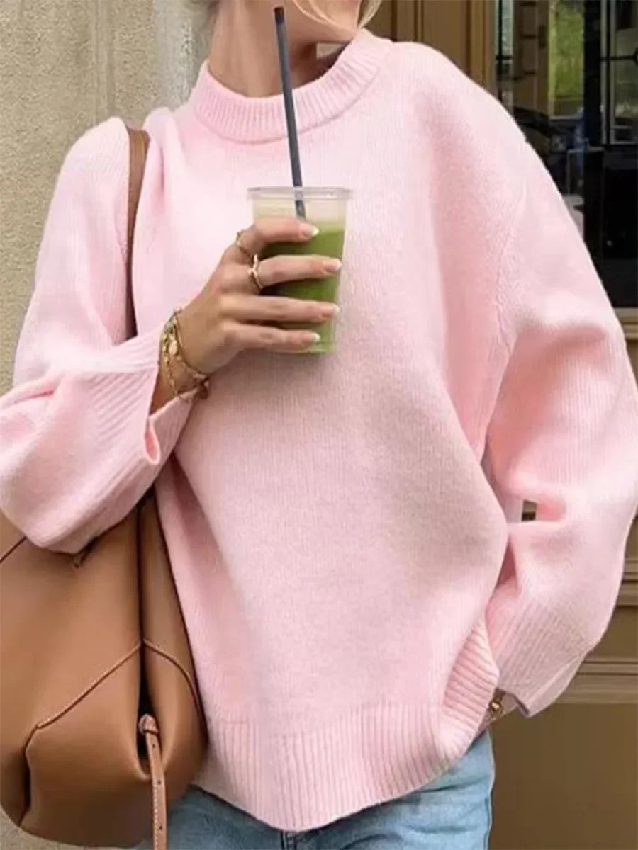 Womens Autumn Winter Knit Sweater Casual Loose Long Sleeve O Neck Solid Color Knitwear Female Fall Knitted Pullovers Tops Daily 241203