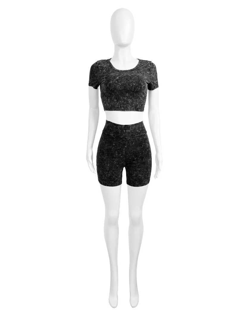 Women's Two Piece Pants Women Summer Washed Printed Casual Two Piece Set Short Slve T-shirts Crop Tops + High Waist Shorts Slim Tracksuits Jogger