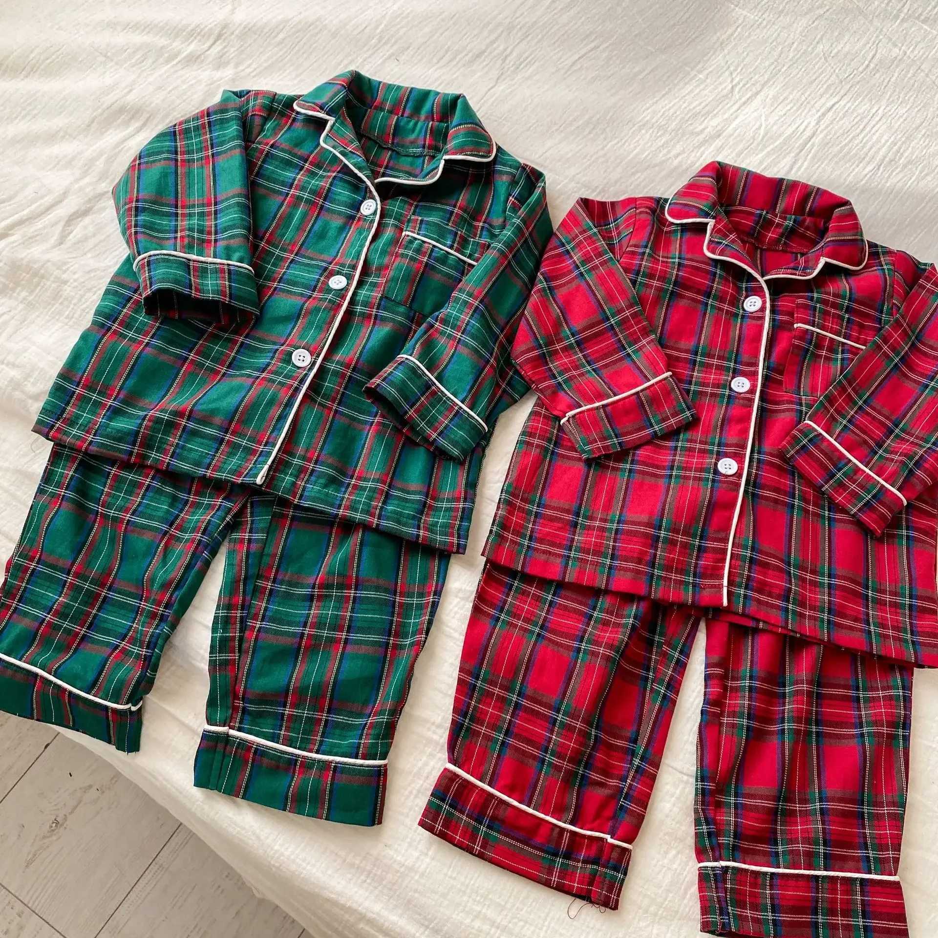 4966 Christmas Childrens Pajama Set 2024 Autumn Winter Pure Cotton Checkered New Girl Long Sleeve Set Baby Boy Home Clothing W241213