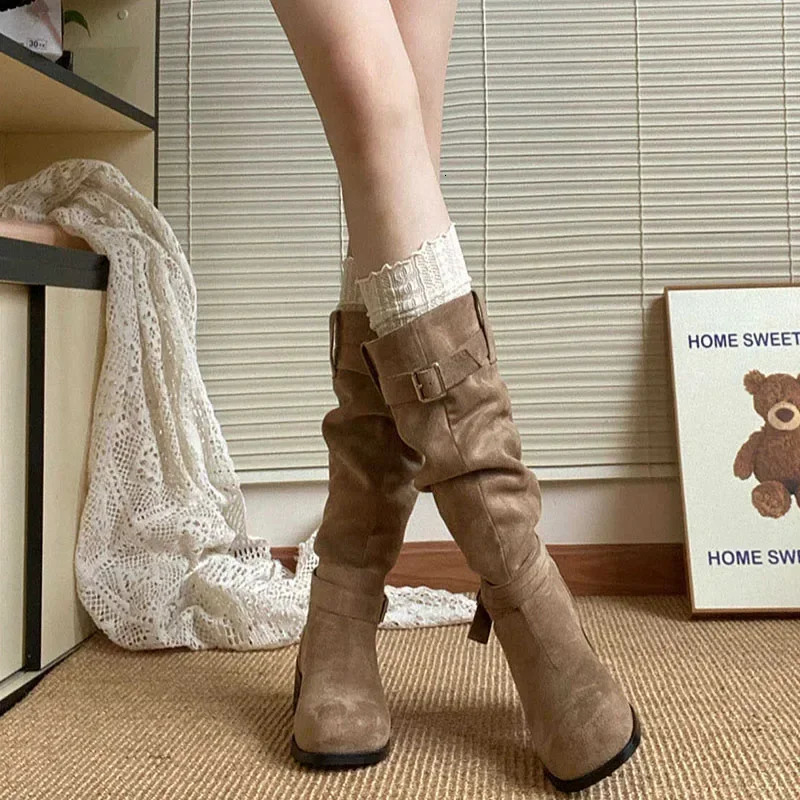Platform Thick High Heels Womens Western Cowboy Boots Fashion Sliding on Folding Pile Long Boots Womens Shoes Autumn/Winter 241213