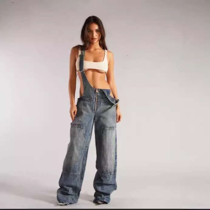 European American New Fashionable And Sexy Suspender Solid Color Sleeveless Suspender, Denim Zipper Pocket Pants, Women's Fashion Quality Classic