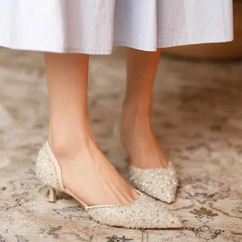 Womens Wedding Shoes Crystal Elegant Corner Toe Middle High Heels Sexy Womens Party Shoes Pump Womens Shoes 241213