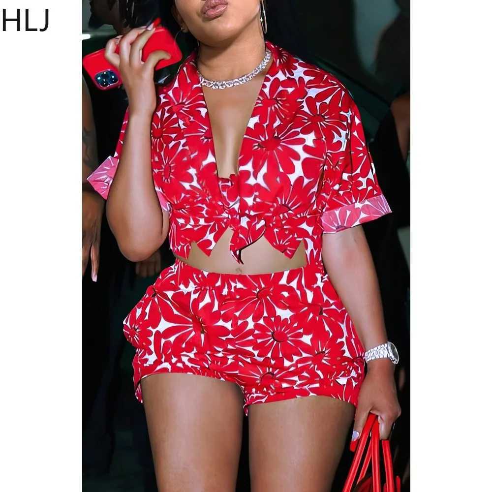Women's Two Piece Pants HLJ Red Summer New Flowers Print Two Piece Sets Women Dp V Short Slve Bandage Crop Top+Shorts Outfits Female 2pcs Tracksu