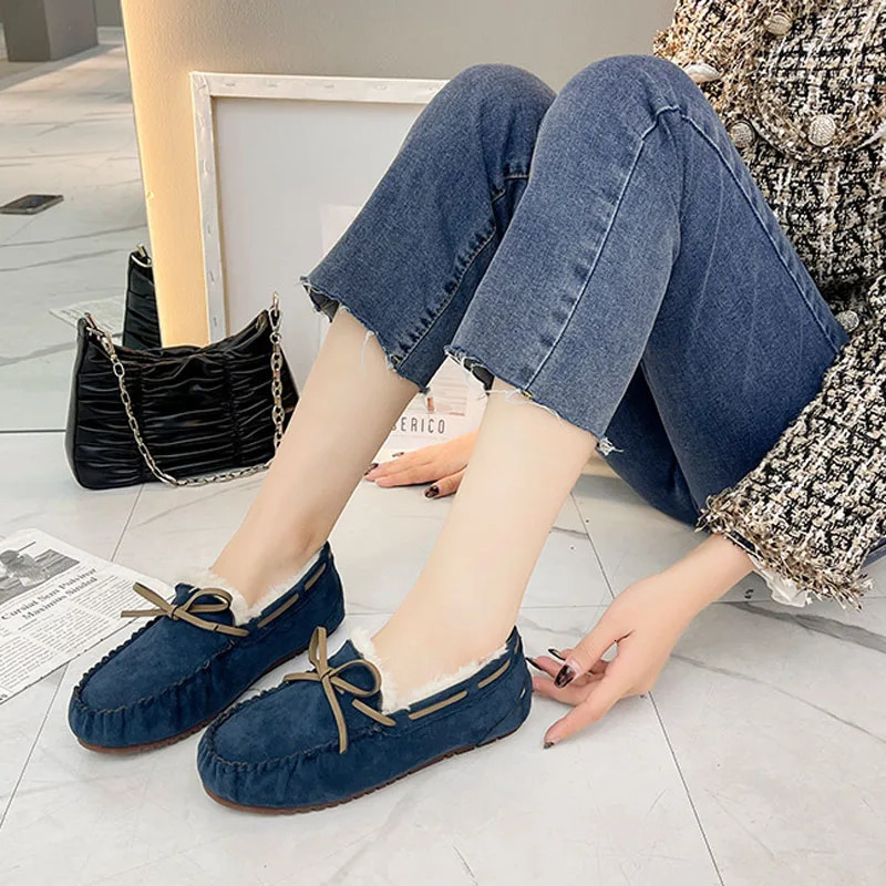 Winter Women Shoes Flat Loafers Warm Plush Inside Slip-On Casual Ladies Shoes Non-Slip Bottom Bowtie Home Slippers Shoes WSH4236 241213