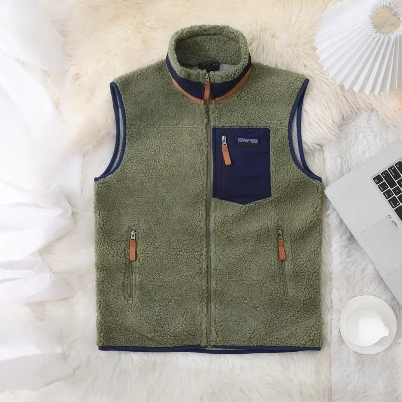 American casual loose and fleece autumn winter blazer pocket zipper wool jacket Men vest stand collar warm women coat 241213