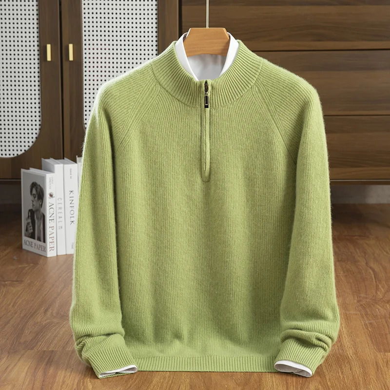Autumn And Winter 100% Cashmere Mens Semi High Neck Zipper Versatile Temperament Sweater 241213