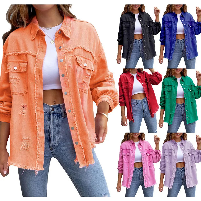 Womens torn Distressed denim jacket spring and autumn clothing long sleeved buttons boyfriend Jean Coat truck 241211