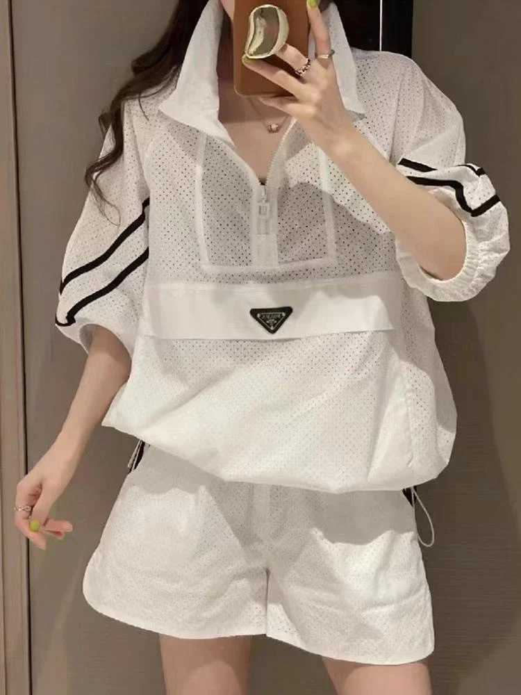 Women's Two Piece Pants Fashion 2Pcs Oversize Women Sweat Suit Set Thin Long Slve 2023 New Sunscrn Coat Top and Shorts Two Piece Set White Outfit