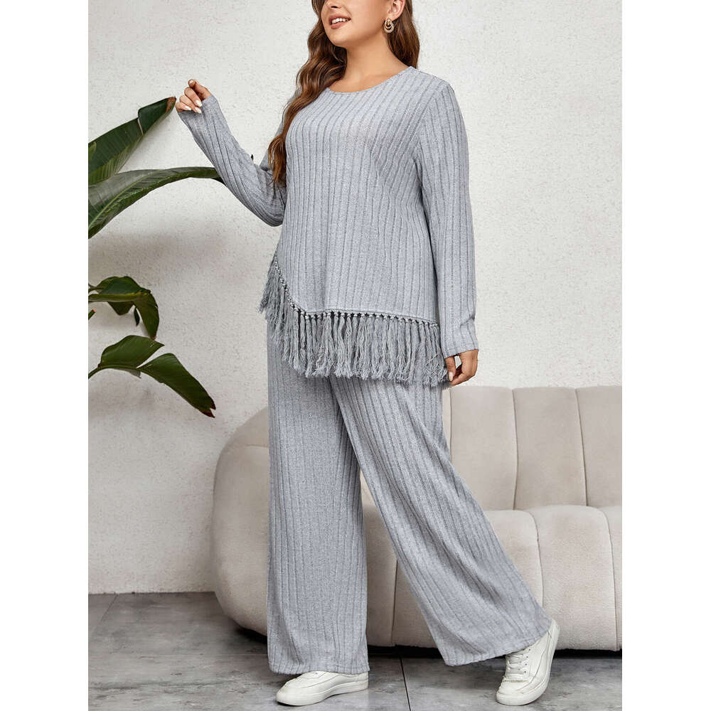 Ladies Suits Plus Size Women Two Piece Outfit Fall Casual O-Neck Long Sleeve Tassel Hem Tops With Wide Leg Pants Sets