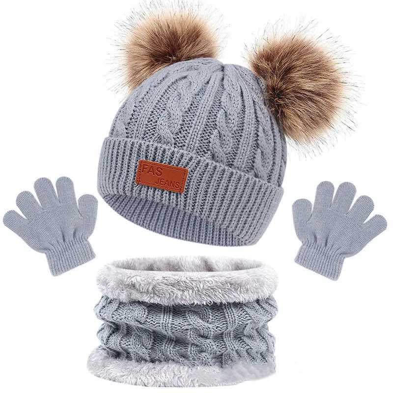 Scarves Wraps 1-5Y Autumn Winter Children Baby Knit Gloves Hat Scarf 3pcs Suit Fur Balls Outdoor Windproof Warm Kids Muffler Cap for Boy Girl H241213