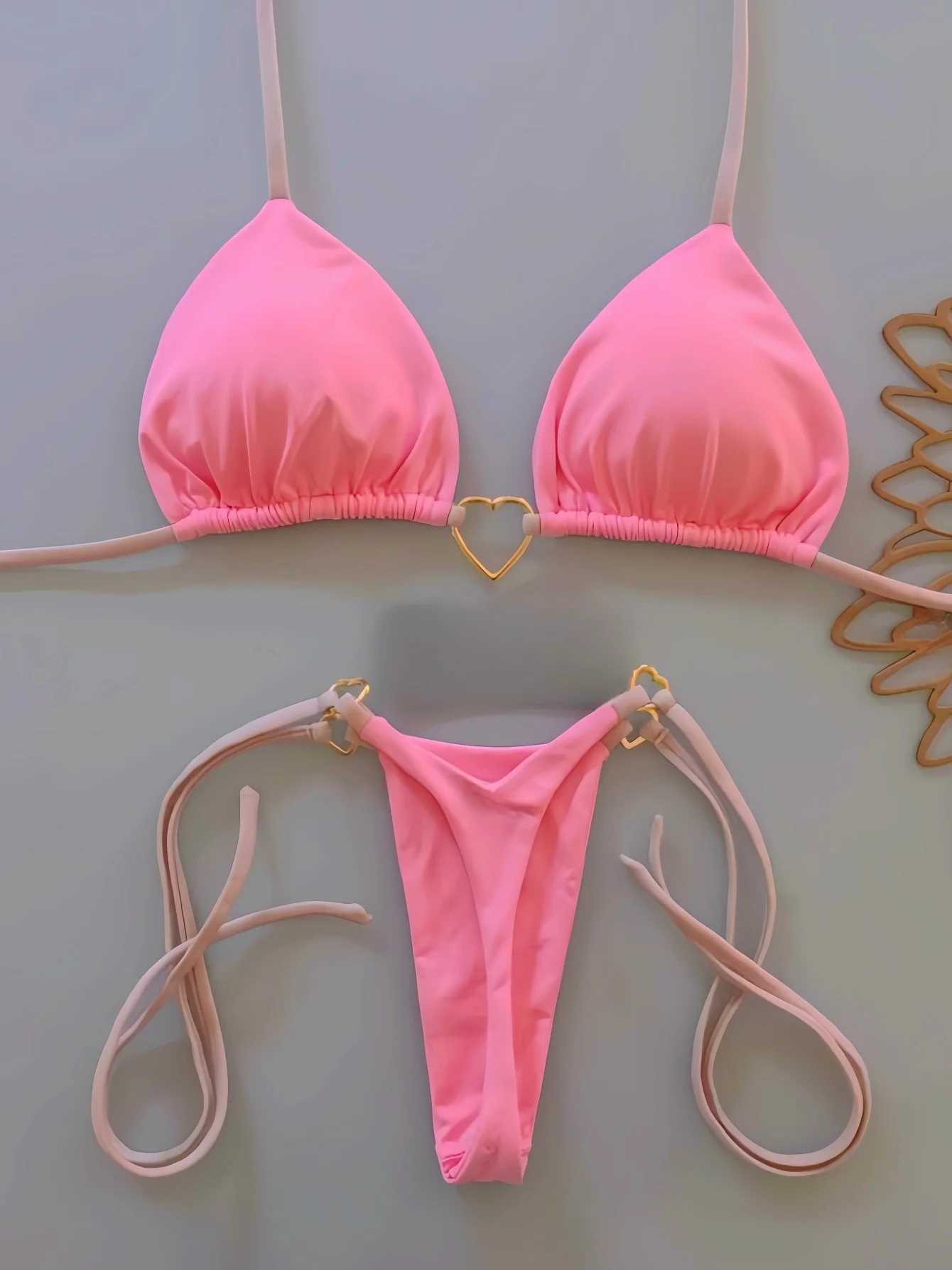 2024 New Sexy Low Waisted Bikini Set Swimsuit Fa Swimwear Women Solid Strappy Beachwear Bathing Suits Brazilian biquiniXJ241212