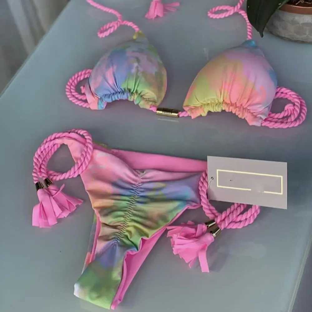 Womens Rope Swimwear Strap Split Bikini Printed Triang SwimsuitXJ241212
