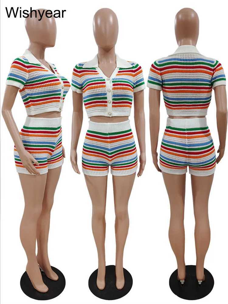 Women's Two Piece Pants year Sexy Beach Rave Club Women Colorful Striped Patchwork Knitted Crop Top and Shorts Crochet Two Piece Set Birthday Out
