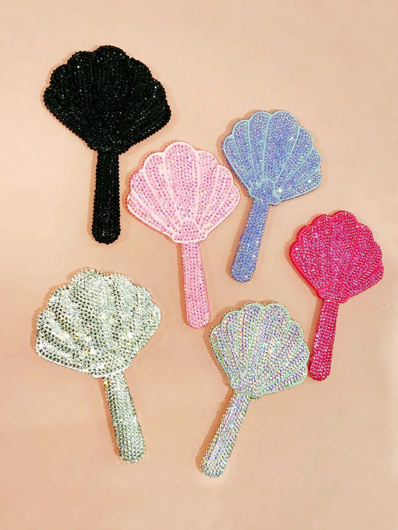 Diamond-encrusted Shell Hand-held Plastic Makeup Mirror Girls Cosmetic Mirror Creative Handmade DIY Small MirrorXJ241213