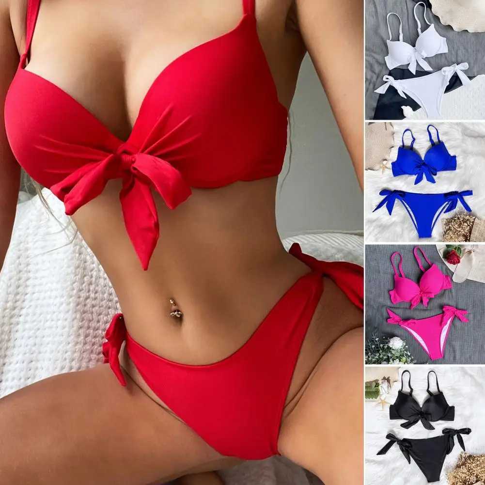 sexy front bow knot push up bikinis two pieces solid swimsuit tie bikini swimsuit Swimwear Biquini conjunto de bikini tankiniXJ241212