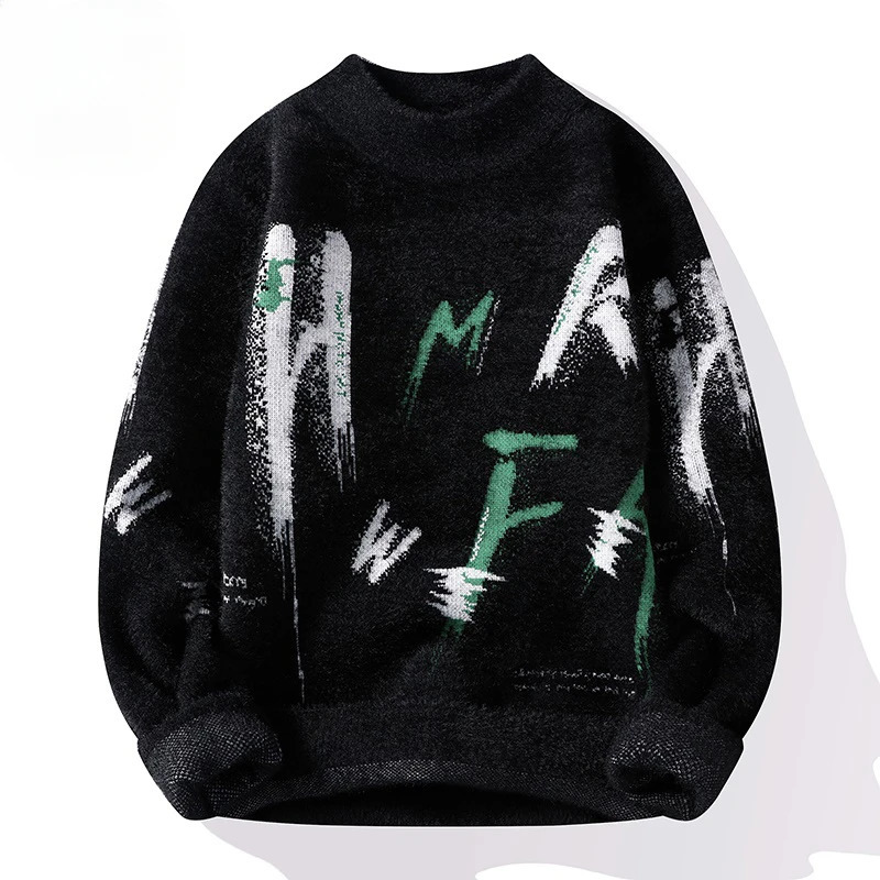 Winter Knitted Sweater Men Letter Fashion Casual Knitwear Warm Mock Neck Pullover Clothing Korean Youth 241213