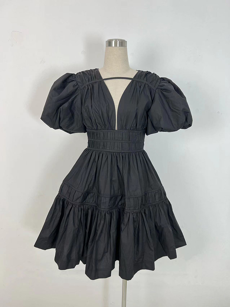 Patchwork Folds Dresses For Women V Neck Puff Sleeve High Waist Solid Chic A E Mini Dress Female Fashion Clothes