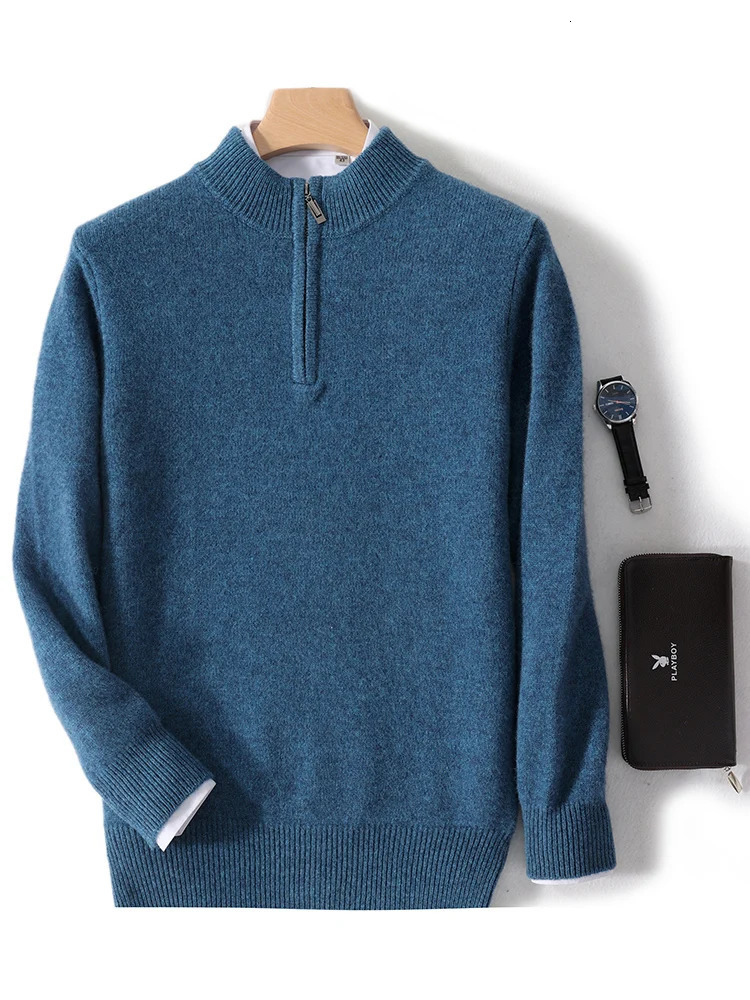 Men Mock Neck Zipper Sweaters 100% Merino Wool Pullover Casual Fashion Clothing Autumn Winter Thick Cashmere Knitwear Tops 241213