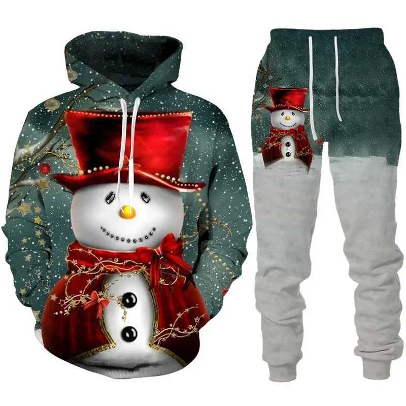 Santa Claus 3D printed mens hoodie sports loose New Year holiday casual oversized pull-out set W241213