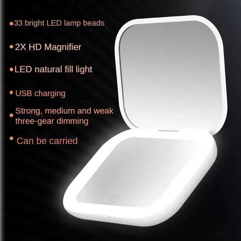 Compact Mini Led Light Makeup Mirror with 2X Magnifying Portable Hand Held Pocket Travel Foldable Women Cosmetic Pocket MirrorXJ241213